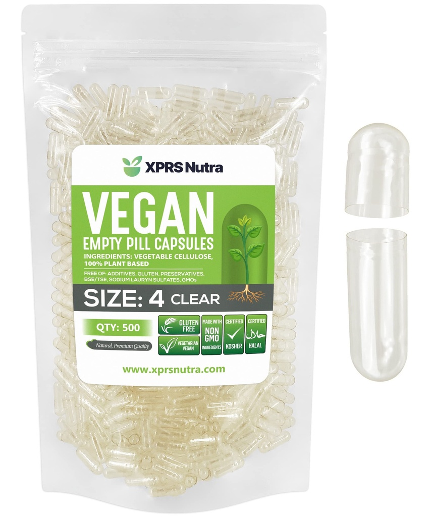 XPRS Nutra Taille 4 Capsules vides - 500 Compter Effacer Petites Capsules Vegan vides - Bricolage Gélule végétale Remplissage - Remplir Do-I-Youggie Pill Caps pour Suppléments