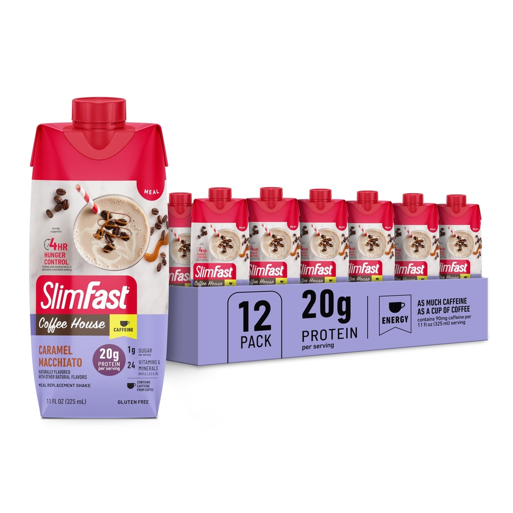 SlimFast Protein Shake mit Koffein, Caramel Macchiato- 20g Protein, Meal Replacement Shakes, High Protein mit Low Carb und Low Sugar, 24 Vitamine und Mineralstoffe, 12 Count (Pack von 1)