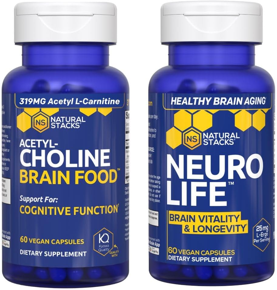 NATURAL STACKS NeuroLife + Acetylcholine Brain Food Bundle - Supports Cognitive Function & Brain Longevity* - 120 Total Capsules