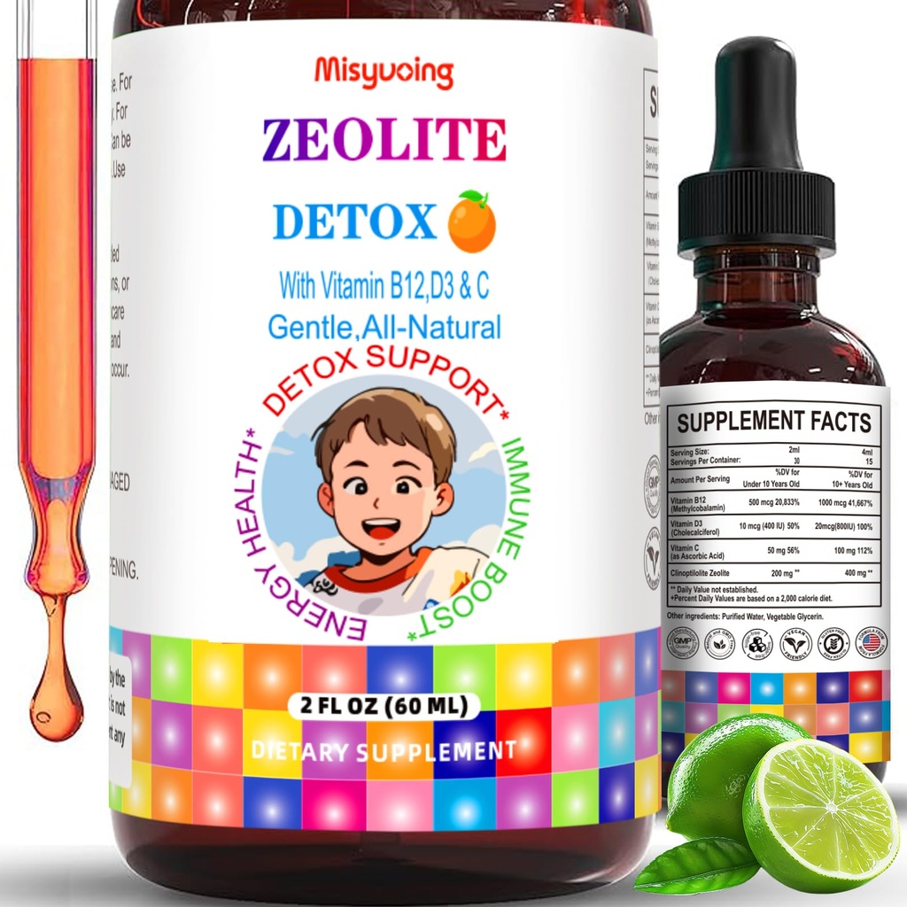 Zeolite for Kids&Adults Supports Cell Restoration,Natural Body Cleanse,Support Digestive Health,Immune System,Improves Focus,Vitamin B12, D3&C, Sugar-Free (60ml, Lemon)