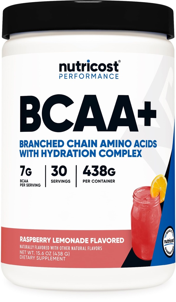Nutricost BCAA + Poudre d'hydratation (Lémonade aux framboises) 30 portions - Acides aminés à chaîne ramifiée avec complexe d'hydratation - Sans gluten, sans OGM