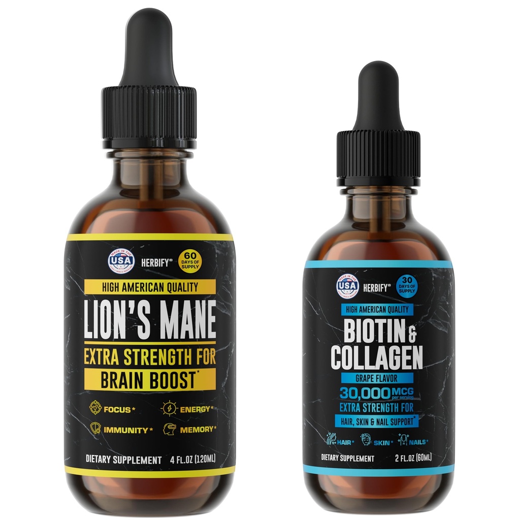 HERBIFY Bundle - Lions Mane Drops & Biotin und Collagen - Gehirn, Haar, Haut und Nägel unterstützen