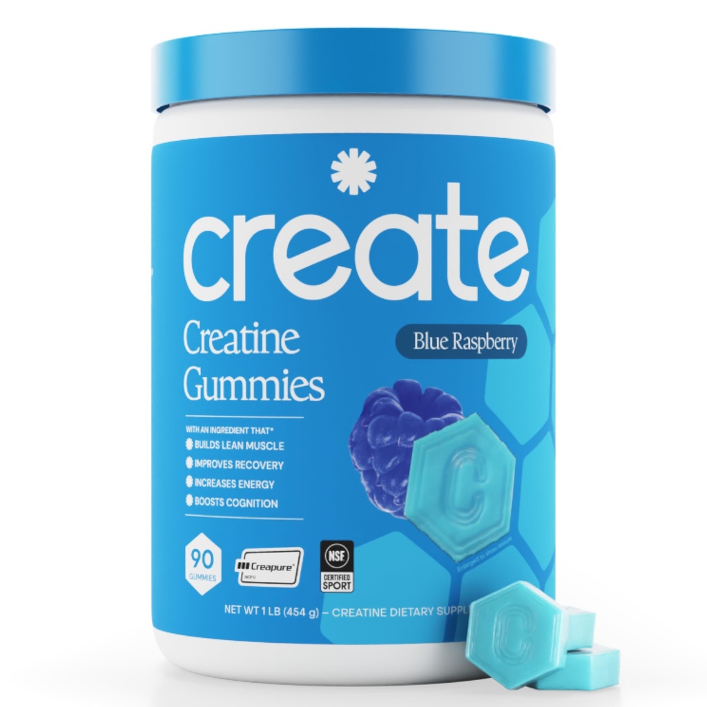 Créer des gommes monohydratées créatine pour les hommes et les femmes, boost focus, force et endurance, formule anti-melting, végétalien, sans gluten, non-OGM, 1,5g de créatine par gummy (framboise bleue, 90 ct)