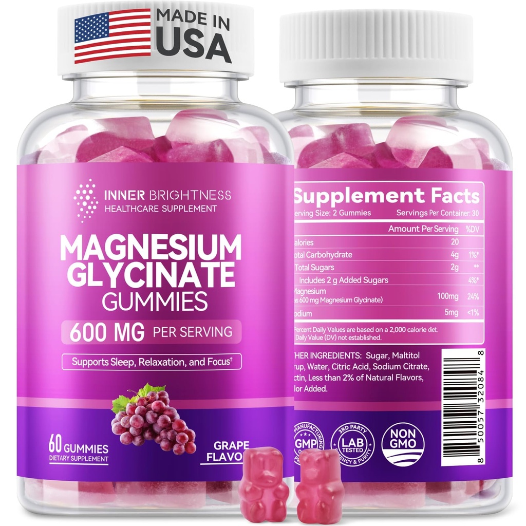 Magnesium Glycinate Gummies 600mg, Non-GMO, Gluten-Free, Magnesium Gummies for Adults & Kids, Sleep, Relaxation & Focus, Grape Flavor, 60 Count
