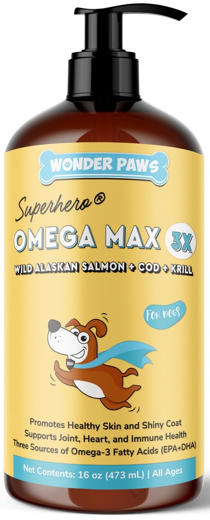 Wonder Paws Fish Oil for Dogs - Oméga 3 pour les chiens du saumon, de la morue et de l'huile de krill de l'Alaska - Acide gras de l'EPA DHA - Moins de mouture et de démangeaison - Peau, articulaire, immunitaire et santé du coeur - Supplément liquide (16 oz)