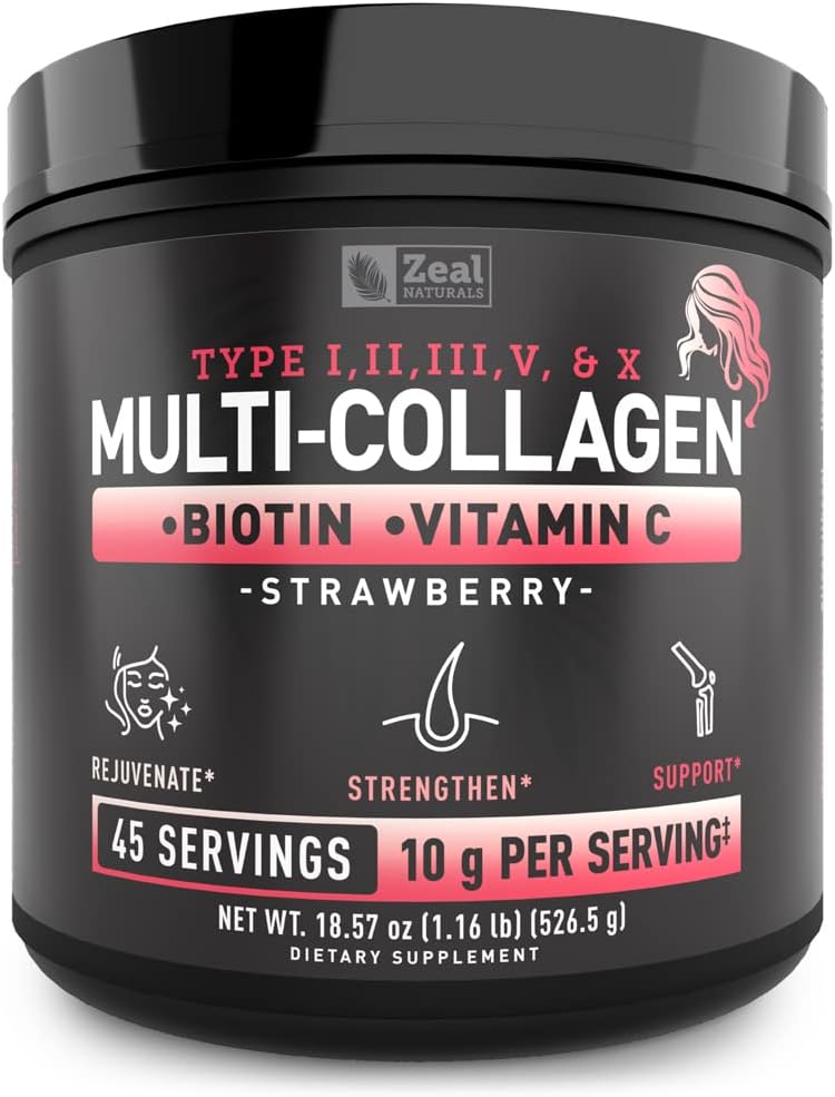 Poudre de protéines multicollagènes premium (1, 2, 3, 5 et 10) avec vitamine C, biotine, acide hyaluronique, pour peau et ongles de cheveux - Marine, Bovin, Poulet et coquille d'oeuf (Strawberry, 45 portions)
