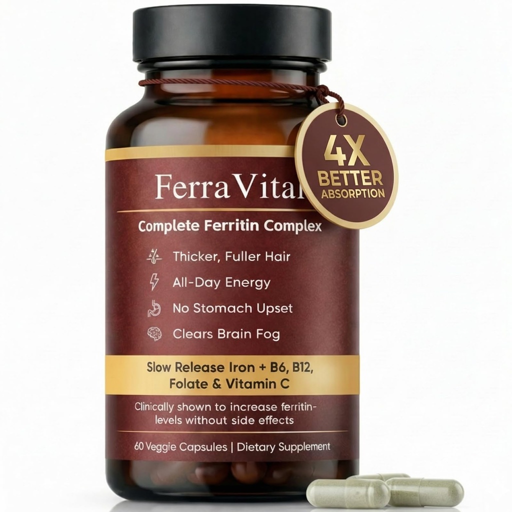 Ferravital Ferritin Support, Ferritin Supplement for Women, Daily Iron Supplement with Iron Bisglycinate Lactoferrin Vitamin C B12, Gluten Free & Non-GMO, 60 Capsules (A)