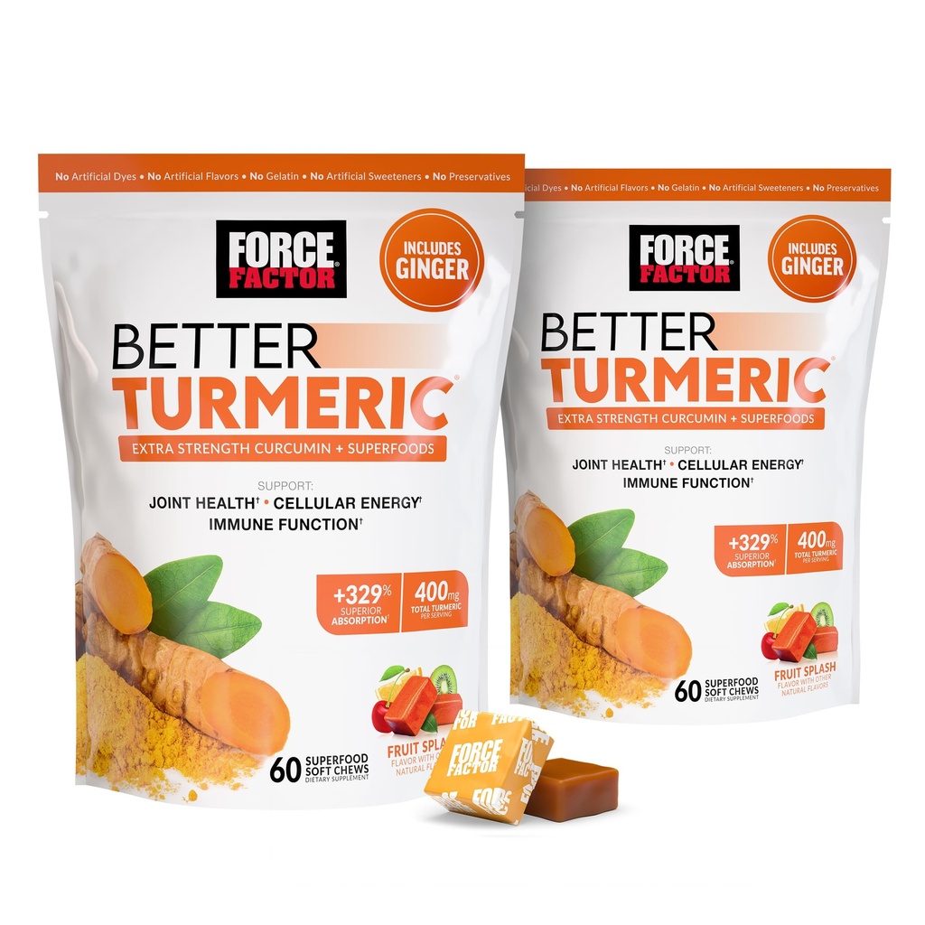 Force Factor Better Turmeric Joint Support Supplement for Extra Strength Joint Health, mit HydroCurc Turmeric Curcumin mit schwarzem Pfeffer für ausgezeichnete Absorption, Frucht-Splash, 120 Soft Chews