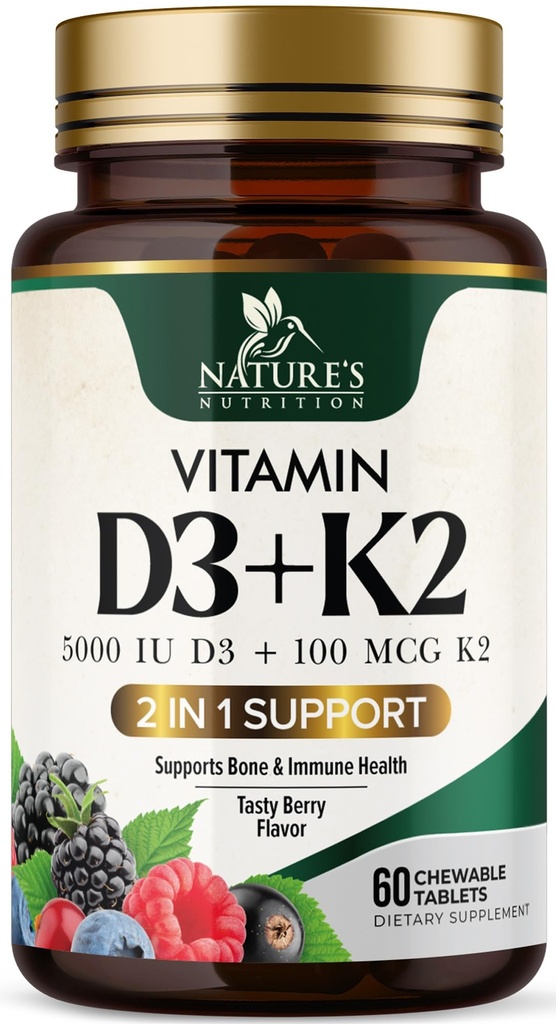 Vitamin D3 K2 Beilage | 5000 IU D3 + K2 100 mcg | MK-7 K2 mit Vitamin D | Unterstützt Immun-, Herz-, Zähne- und Knochengesundheit - Nature's Easy to Chew, VIT D3 K2, Non-GMO, Tasty Berry Flavor - 60 Tabletten
