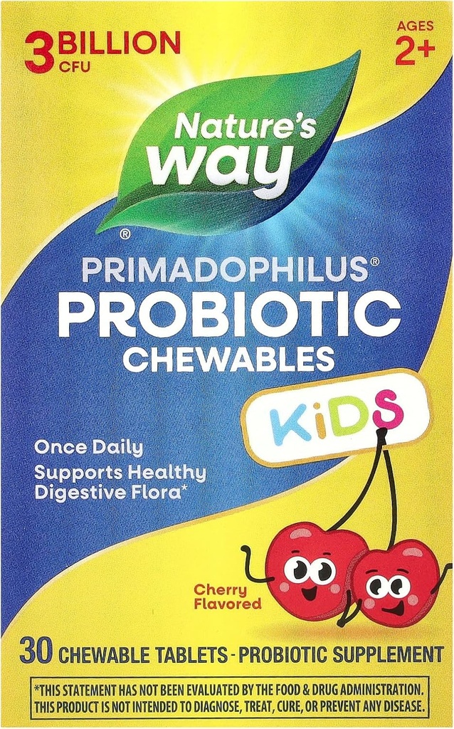 Nature's Way Primadophilus Probiotic Chewables für Kinder, unterstützt gesunde Verdauungsflora*, für Kinder Alter 2+, 3 Billion CFU, 30 Kirschblüten (Packaging May Vary)
