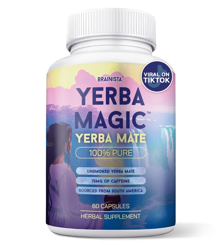 Yerba Magic Yerba Mate Capsules - 100% Pure Extract, High Potency Energy & Focus - 75mg Clean Caffeine Yerba Mate Pill, No Jitters, No Fillers - Unsmoked, South American Sourced - 60 Day Supply