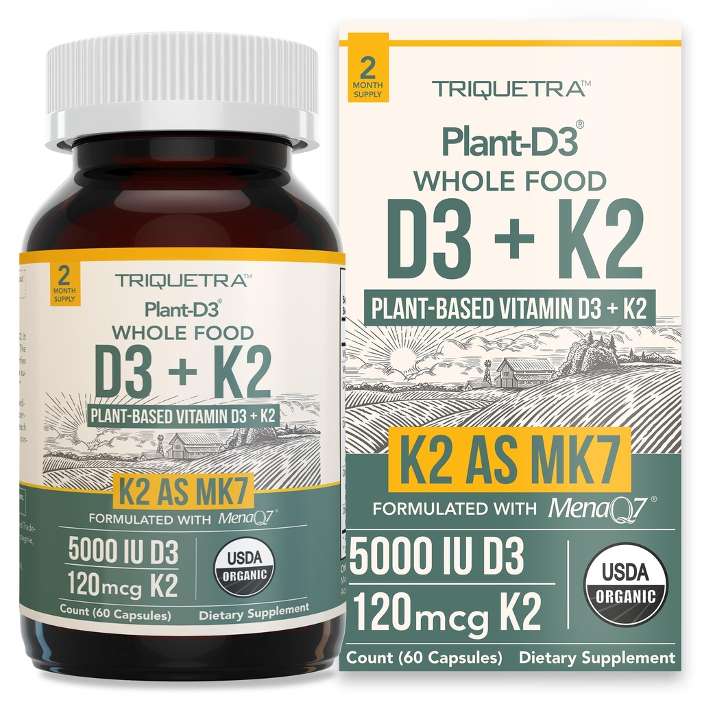 Bio-Pflanze D3 + K2 | 5000 iu D3 + 120 mcg K2 als All-Trans MK7 von MenaQ7® - 100% Ganzes Essen, Raw & Vegan | Verbesserte Verdauung mit Prebiotic & Superfood Complex – D3 von Algae (60 Count)