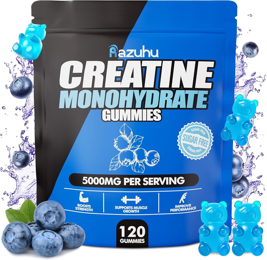 Pre Workout hcl creatine monohydrate Gummie, 120 Blaue Kaue für Herren(Blueberry), Creatine hcl Energy Supplement für Damen, Molke Protein Isolate Vital Source Feminine Gummies