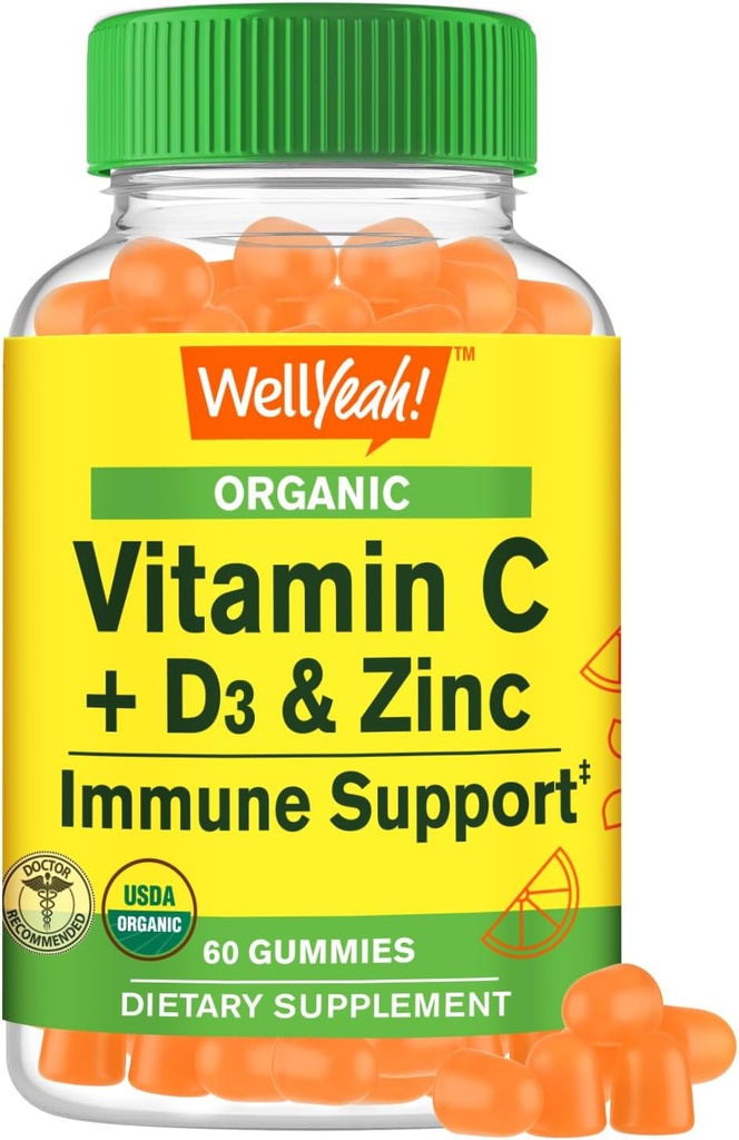 Wellja Bio Vitamin C + D3 + Zink-Gummien - Immun-Boosting, Antioxidant-Rich, und Knochen-Gesundheitsunterstützung, USDA Organic, Vegan, und Non-GMO - Gluten-Free, Nut-Free Gummy - 60 Count