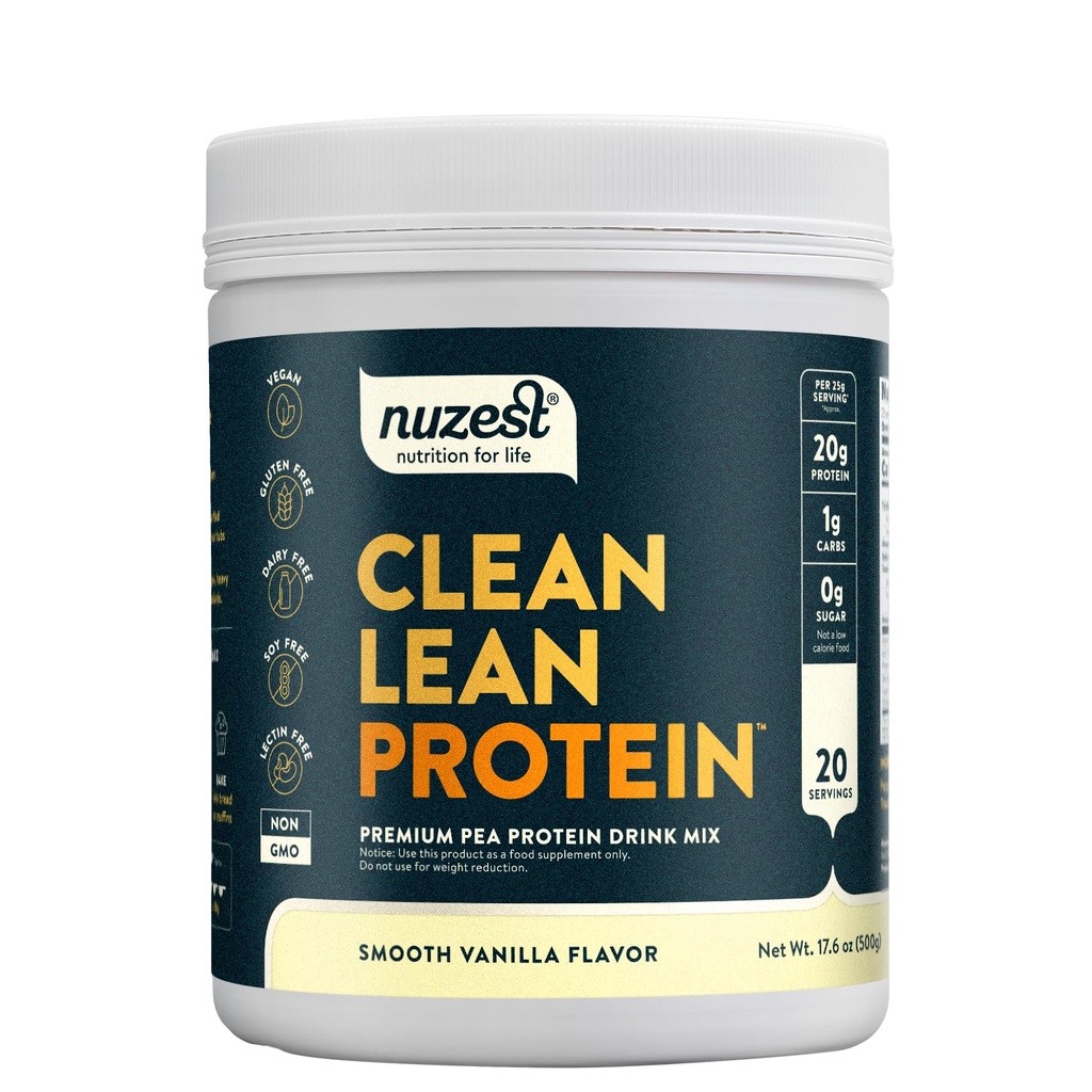 Nuzest - Poudre de protéines de pois - Protéines de lean propres, base végétale premium, sans produits laitiers, sans gluten, sans OGM, sans protéines naturellement sucrées, vanille lisse, 20 portions, 1,1 lb