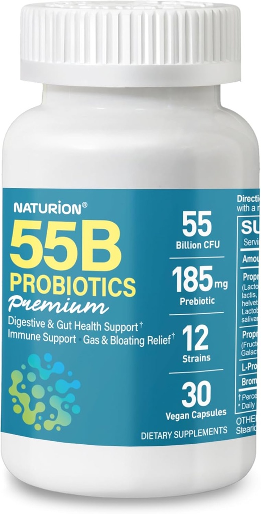 55B Probiotics Premium - 55 Billion CFU, 12 Strains, 185mg Prebiotic - Immununterstützung, Verdauungs- & Gut-Gesundheit - Unterstützt Okkasso, Gas & Bloating - 30 Vegan Kapseln, 30 Tage Versorgung