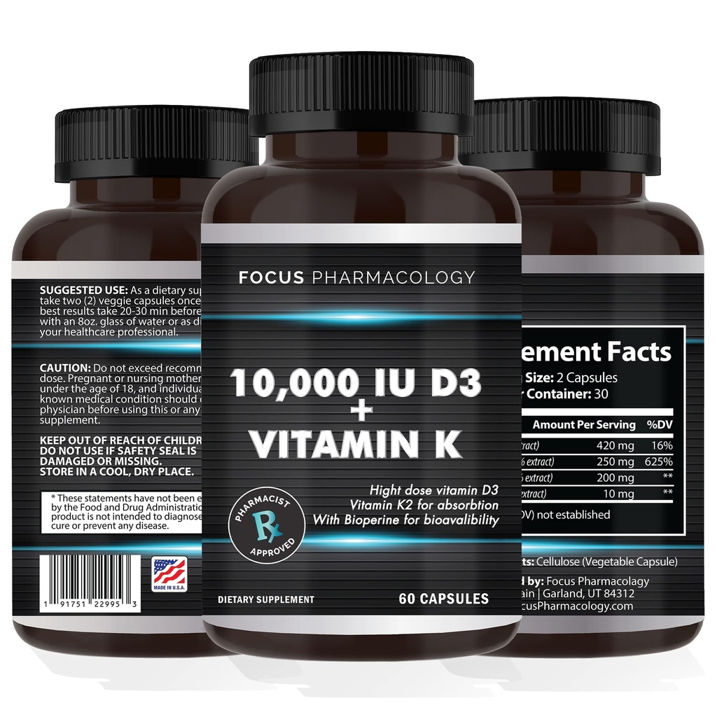 Vitamin K2 mit D3 Extra Strength Supplement Knochen | Herzgesundheit Non-GMO Formel 10.000 IU Vitamin D3 & 200 mcg Vitamin K2 (MK7) | Einfach zu schlucken Vitamin K & D, 60 Kapseln