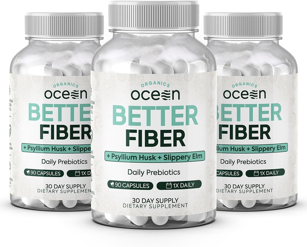 Bios Ocean Better Fiber - Daily Fiber Supplement - Weicher Hocker für Effortless Bowel Bewegungen - mit Psyllium Hulk und Slippery Elm - 3 Flaschen