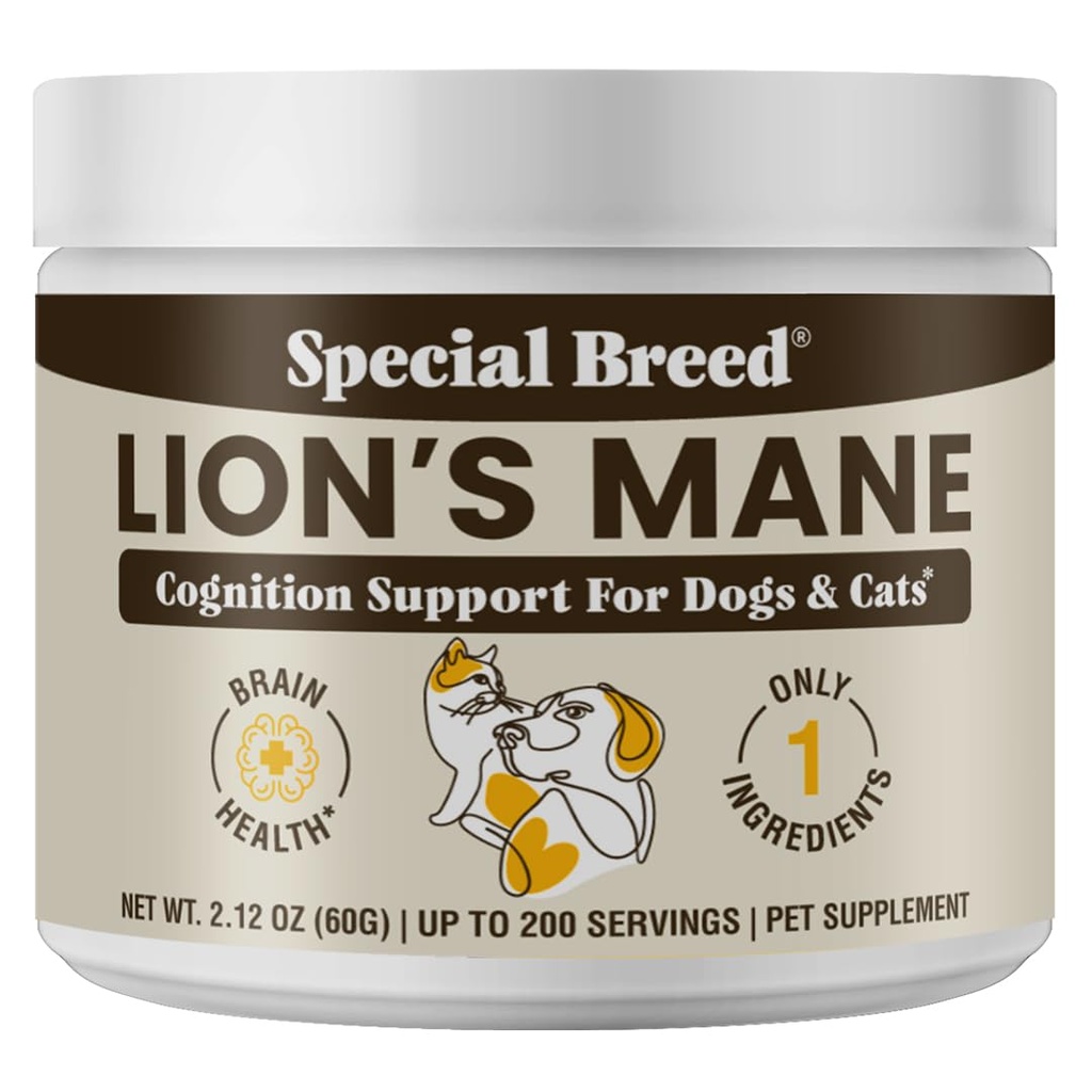 Organic Lion’s Mane for Dogs & Cats - Cognitive & Brain Support Supplement - Supports Memory, Focus & Nervous System Health - Mushroom Powder - 200 Servings