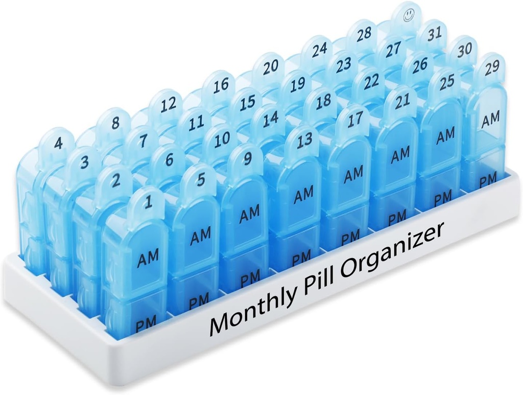 Daviky Monatliche Pille Organizer 2 Mal pro Tag, 30 Tage Pille Box AM PM mit separatem Container, Ein Monat Medizin Fall zweimal pro Tag Vitamine, Ergänzungen und Medikamente (blau)
