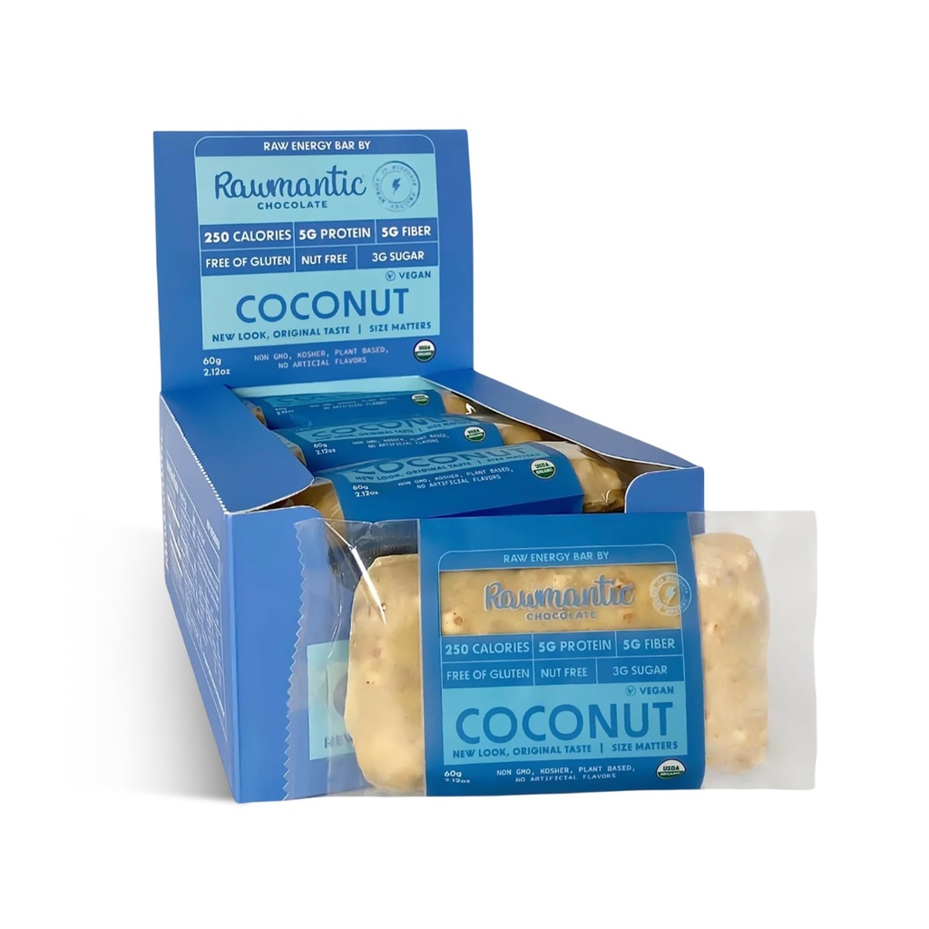Rawmantic Coconut Energy Bar (12 Mini Bars x 60g) – Organic Coconut Chips & Plant Based Protein with Puffed Quinoa, Sorghum, Millet & Buckwheat - No Artificial Flavors, Plant-Based, Non-GMO & Kosher