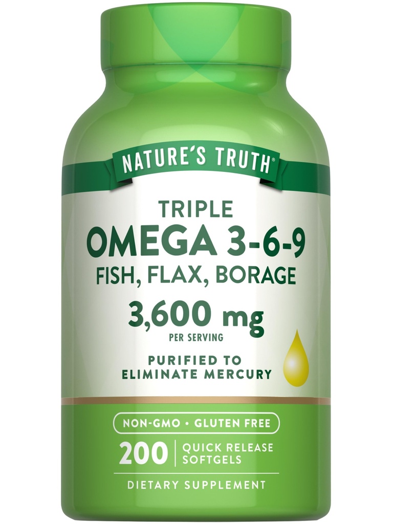 Nature's Truth Triple Omega 3 6 9 | 3600mg | 200 Softgels | Fish, Flax, and Borage Oils | Non-GMO & Gluten Kostenlose Ergänzung