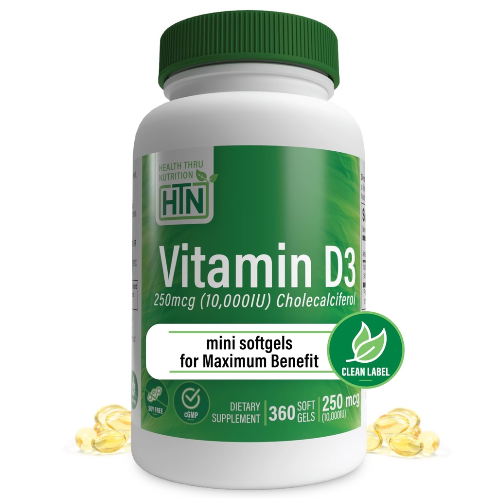 Santé Thru Nutrition Vitamine D3 10 000iu 360 Mini Softgels pour l'offre maximale de l'année d'approvisionnement $ 250mcg Cholecalciferol $ 3e partie testée $ Non-OGM USP Grade en bio EVOO.Immune Health Support