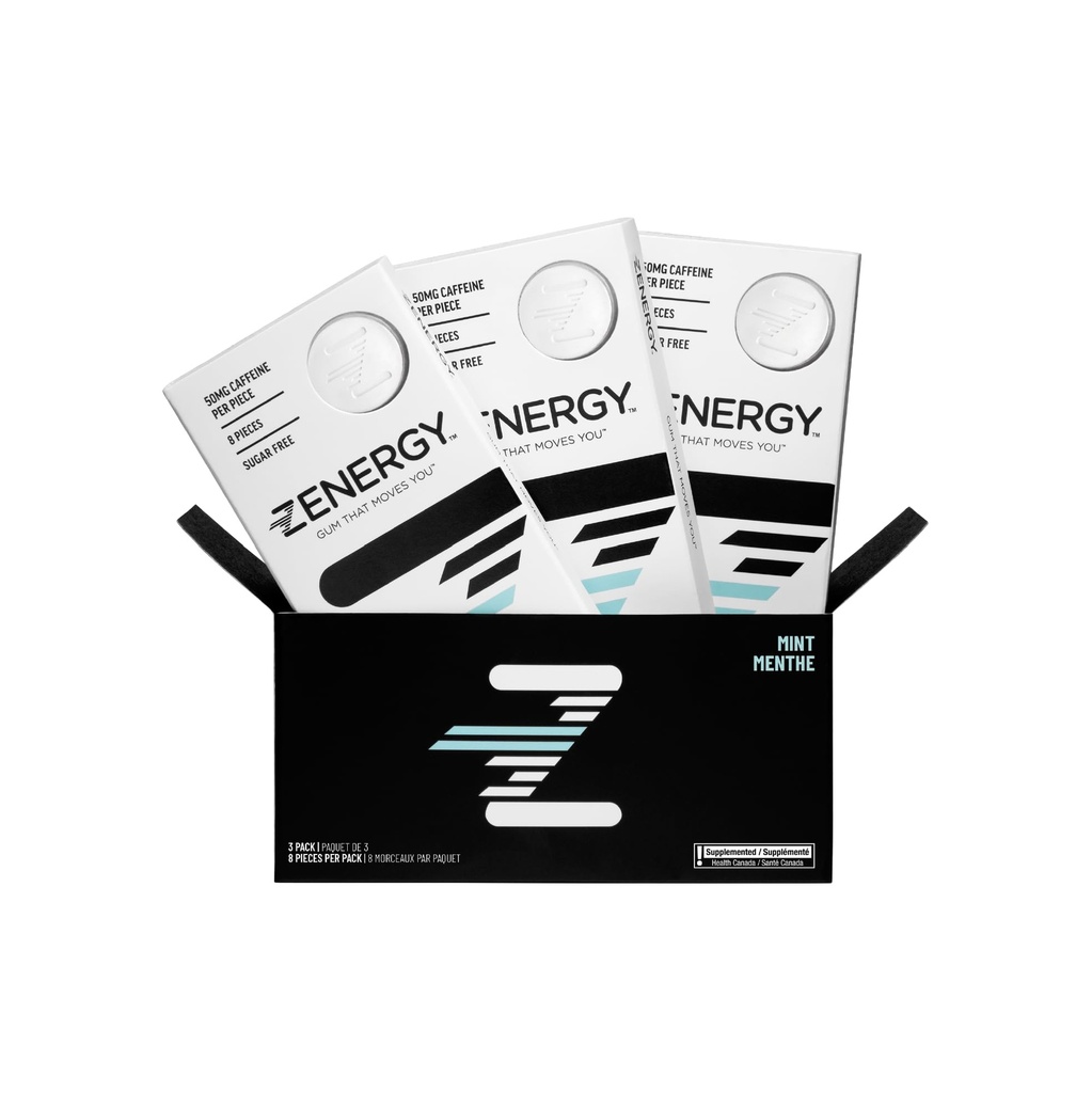 ZENERGY Energy Gum - Mint Flavor | 50mg Koffein + 35% B6 und 45% B12 Vitamin | Vegan, 0 Zucker, 0 Kalorien, 0 Gluten, 0 Aspartam, Non-GMO, Instant Action | 3 Pack = 24 Count