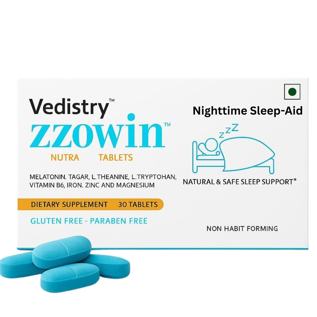 Vedistry Zzowin Sleep Support Supplement – 5mg Melatonin, Valerian Root, Magnesium for Deep Sleep & Relaxation 30 Tablets | Natural Sleep Aid, Non-Habit Forming | Improve Sleep Quality | Pack of 1