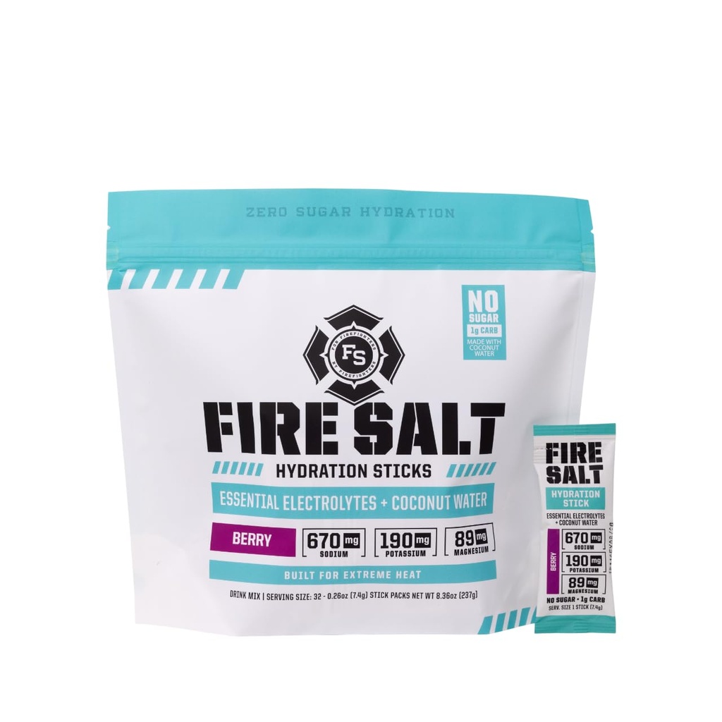 Fire Science Fire Salt Hydratation Sticks, Electrolytes & Eau de noix de coco, Mélange d'hydratation avec Magnésium, Potassium & Sodium, Zéro Sucre, Single Serve On The Go Packs, Berry Flavor, 32 Comte