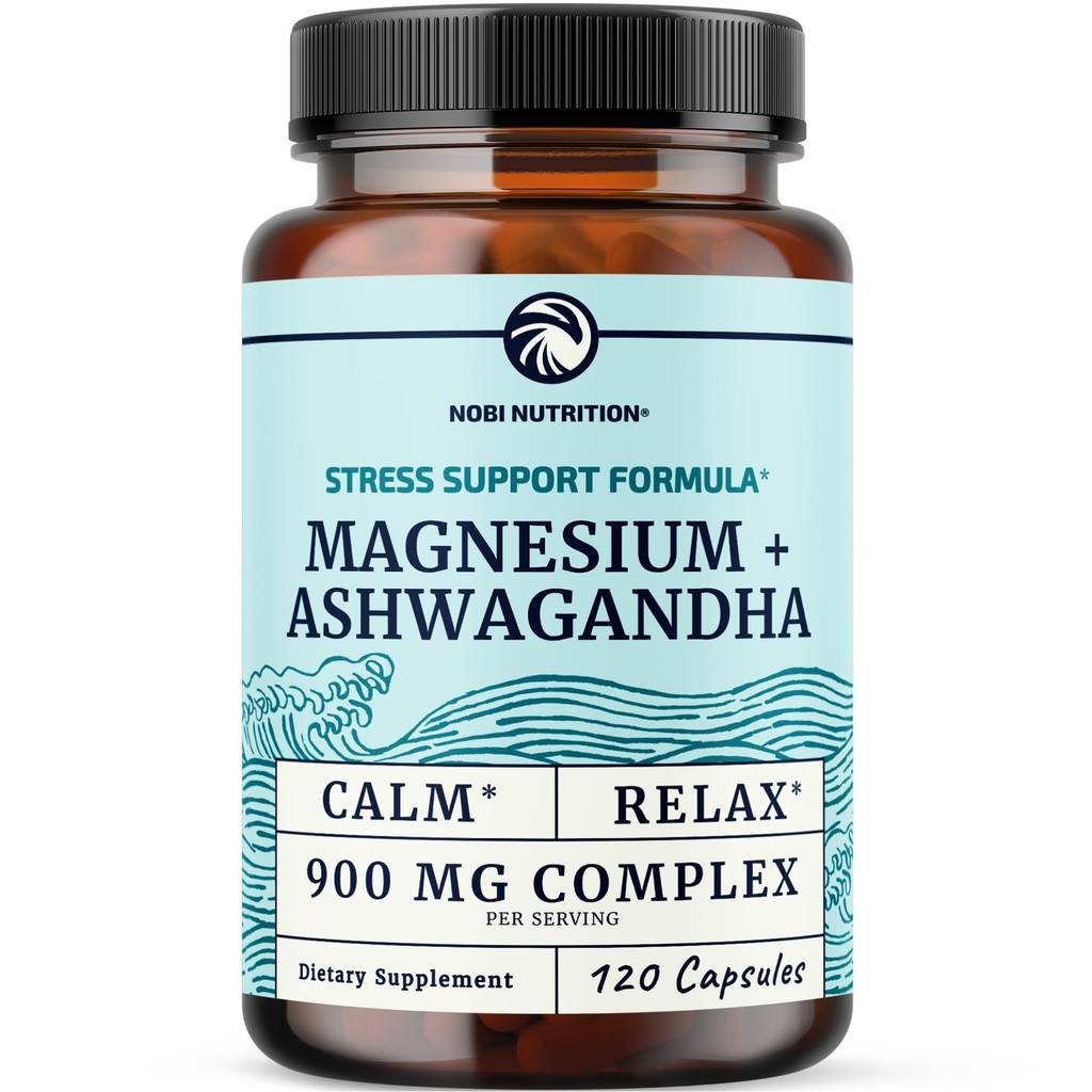 Magnésium Ashwagandha , Supplément de magnésium calmant pour les adultes , Relax , Repos , Calme de l'humeur et soutien du sommeil , Mag Citrate & Oxide 400 mg + Ashwagandha 500 mg , Santé musculaire et soulagement du stress , 120 Ct