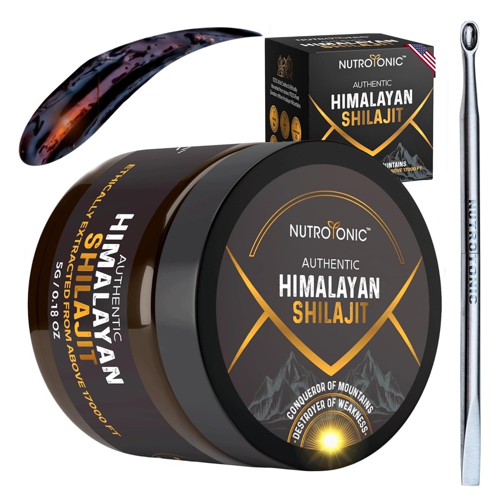 NutroTonic® Authentic Himalayan Shilajit Harz für Herren & Frauen - Gold Grad 86% Fulvic Acid - Wild Crafted +17000 FT – 40x Nano gefiltert & Sun getrocknet - 3. Party Lab getestet - 5g Jar