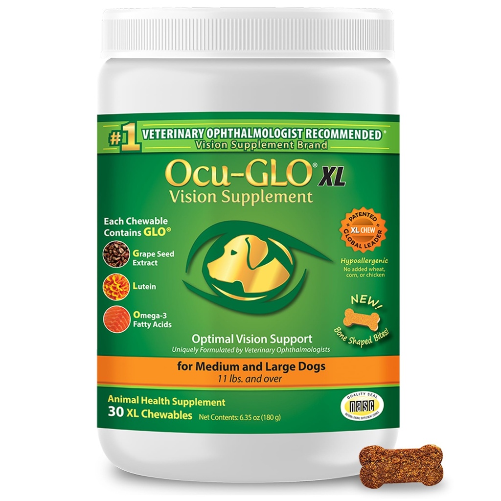 Ocu-GLO Cat & Dog for Eye Support - Supplément de vision à croquer pour les petits et grands animaux de compagnie soin avec lutéine, acides gras oméga-3, extrait de graines de raisin et antioxydants 30 XL Chewables