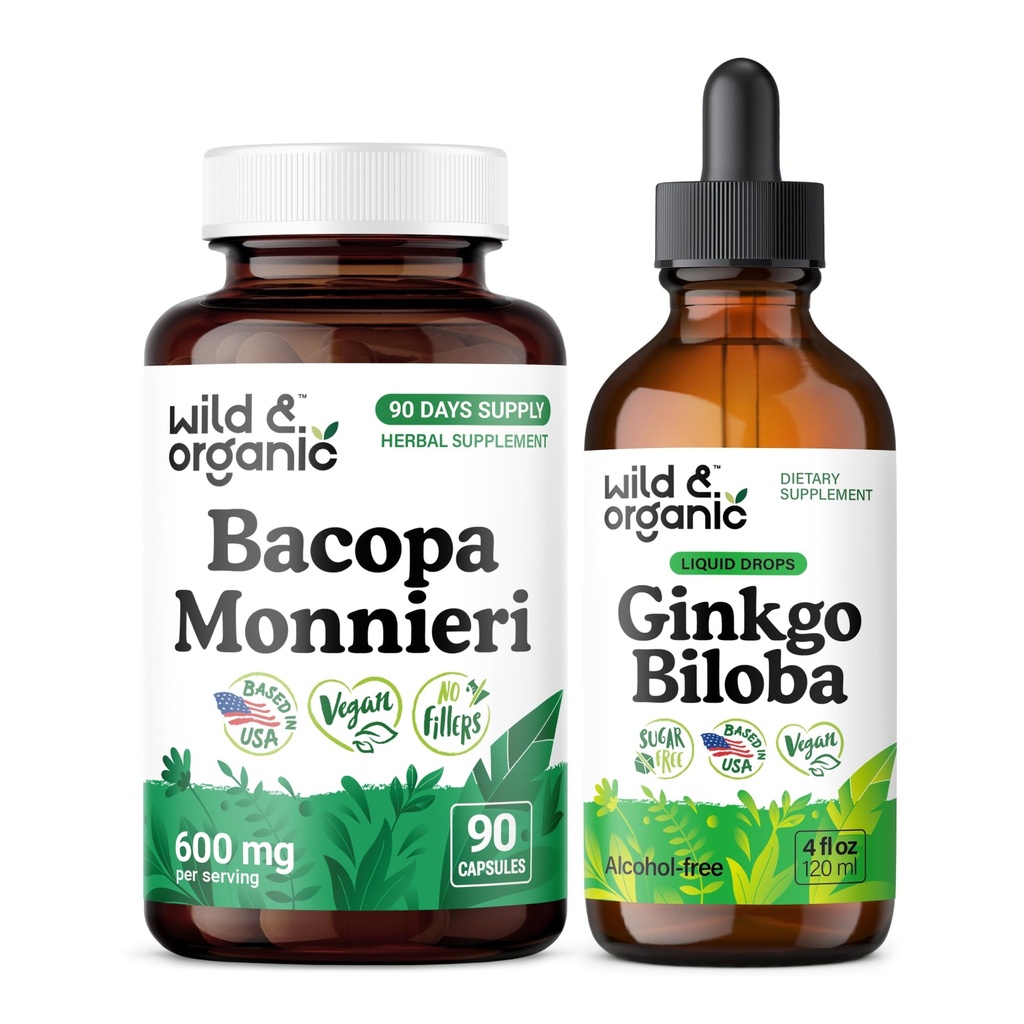 Wild & Organic Bacopa 90 Capsules & Ginkgo Biloba Tincture 4 fl oz