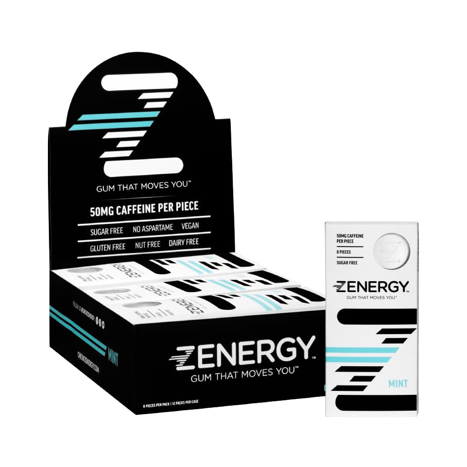 ZENERGY Energy Gum - Mint Flavor | 50mg Caffeine + 35% B6 and 45% B12 Vitamin | Vegan, 0 Sugar, 0 Calories, 0 Gluten, 0 Aspartame, Non-GMO, Instant Action | 12 Pack = 96 Count