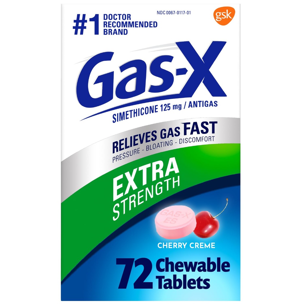 Gas-X extra Stärke Kaugas-Relief Tabletten mit Simethicone 125 mg für Bloating Relief, Kirsche - 72 Zähler