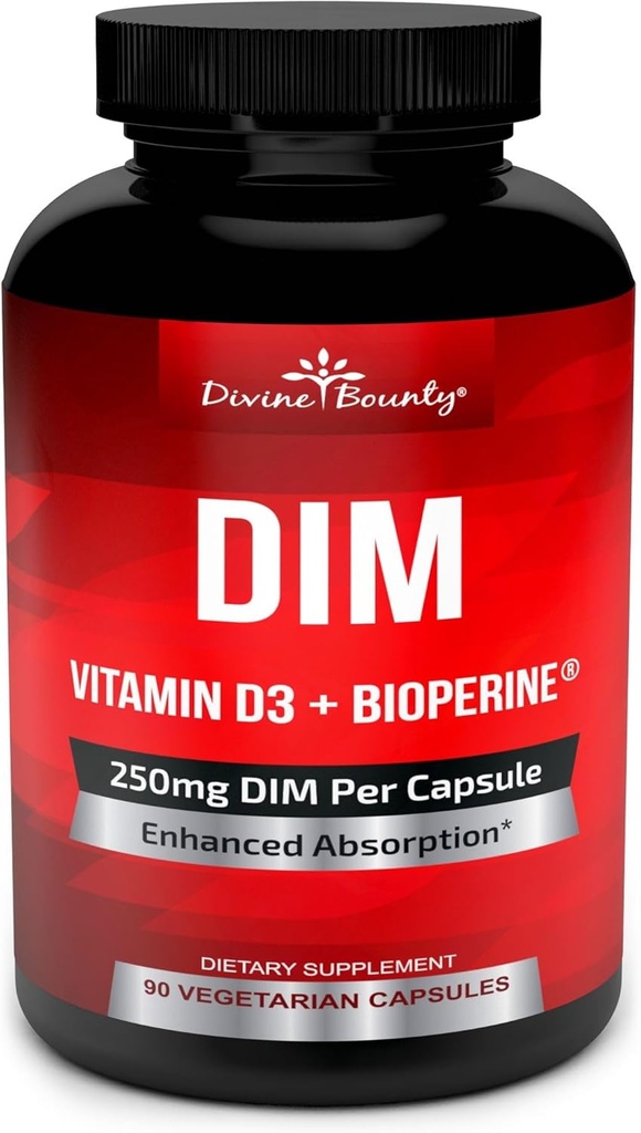 Supplément DIM 250mg avec vitamine D3 Plus BioPerine - Diindolylméthane Soutien à la ménopause et à l'estrogénèse, soutien à l'équilibre hormonal pour les femmes et les hommes - 90 capsules végétariennes