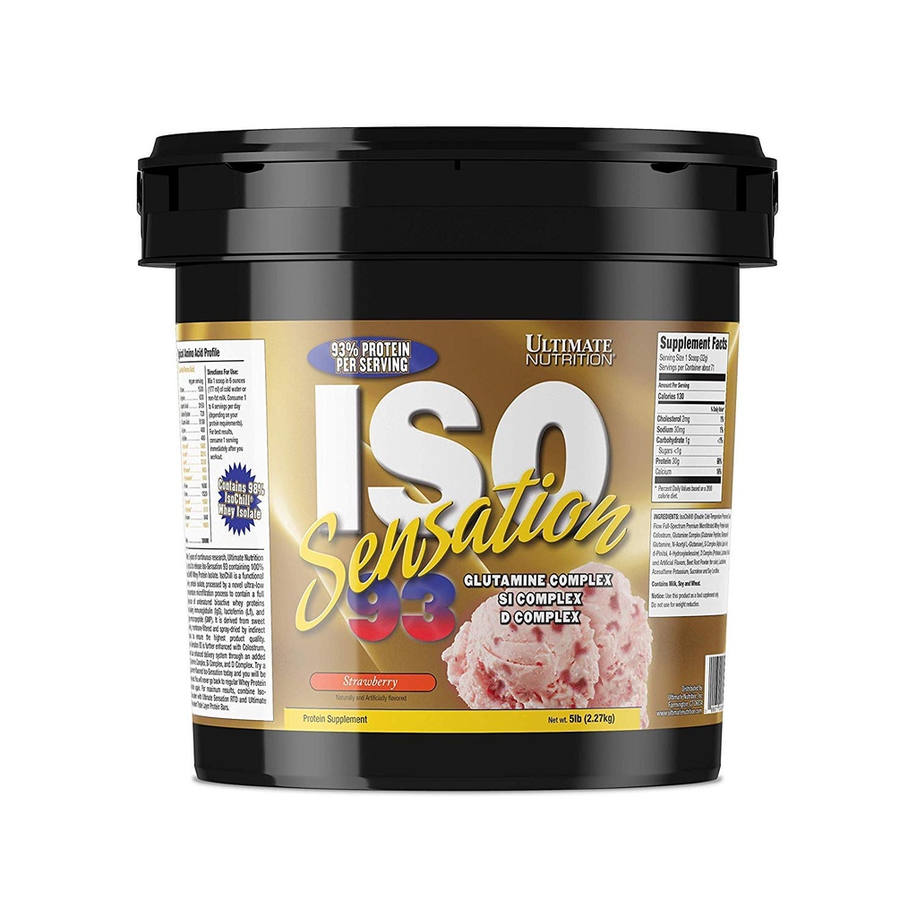Nutrition ultime Iso Sensation 93 avec la glutamine, poudre de lactosérum isolate de protéines, 30 grammes de protéines, faible teneur en glucides, Keto Friendly, 5 livres, goût de fraise