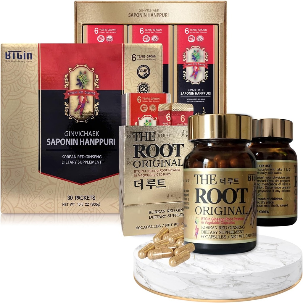 Korean Red Ginseng Extract 3000mg und Kapseln Bundle - Saponin Hanppuri + The Root Original - Natural Energy Supplements für Immununterstützung, Stress Relief, Fokus & Mental Clarity mit Ginsenoside Rg3