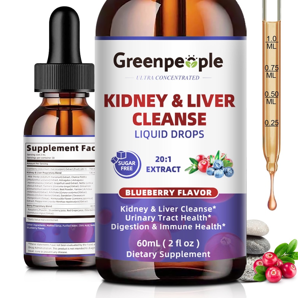 GREENPEOPLE Kidney Cleanse Detox & Repair - 27-In-1 Kidney & Liver Drops mit 20:1 Cranberry Extract & Chanca Piedra, Alkoholfreie Ergänzung für Urinary Tract & Liver Support (2 Oz 1 Pack, Blueberry)