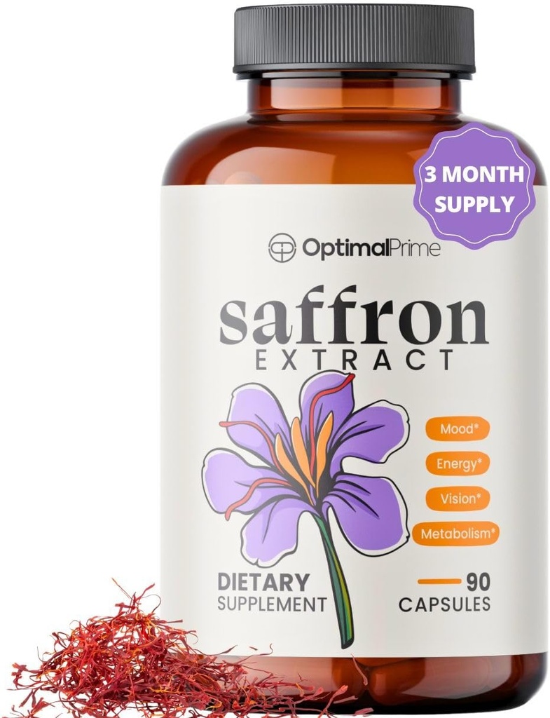 Optimale Prime Saffron Supplement - 100% Pure Saffron Extract 88.5mg - Hilft, Optimale Stimmung, Energie und Stoffwechsel, Vegetarisch Freundlich, Non-GMO, Glutenfrei, Sojafrei, 90 Kapseln