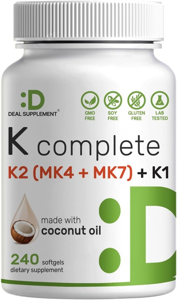 ENTWICKLUNG Vitamin K komplett - 240 Kokosöl Weichgele | Hohe Potenz Vitamin K2 (MK-7 und MK-4) & K1 | Vollspektrum Triple Vitamin K | Knochen, Gelenk- und Immununterstützung – Non-GMO