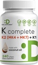 ENTWICKLUNG Vitamin K komplett - 240 Kokosöl Weichgele | Hohe Potenz Vitamin K2 (MK-7 und MK-4) & K1 | Vollspektrum Triple Vitamin K | Knochen, Gelenk- und Immununterstützung – Non-GMO