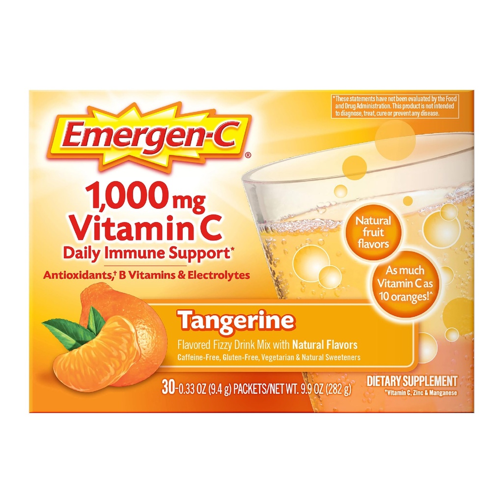 Emergen-C 1000mg Vitamin C Immununterstützung Pulver Tangerine 30CT umfasst Zink, Mangan, 7 B Vitamine und Elektrolyte für Back to School Essentials