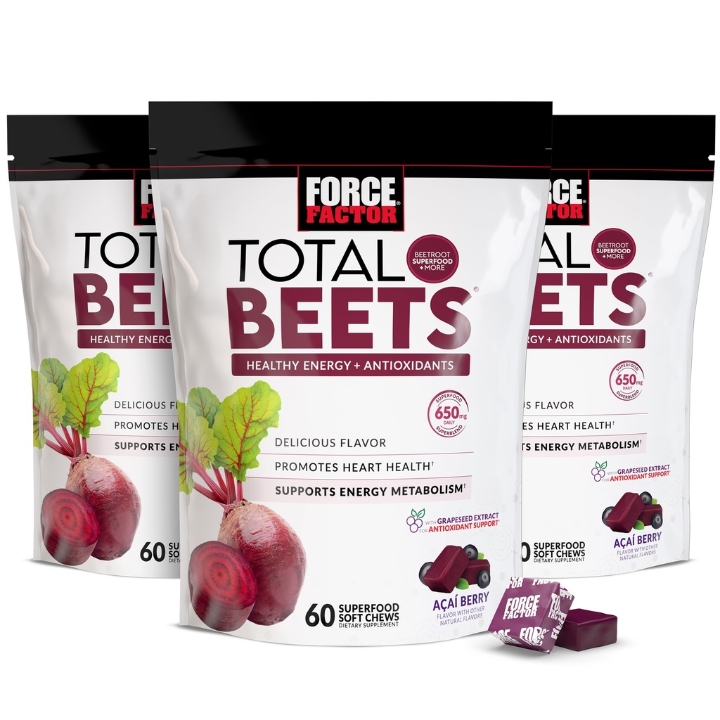 Force Factor Total Beets Soft Chews with Beetroot, Nitrates, L-Citrulline, Grapeseed Extract, & Antioxidants, Healthy Energy Supplement with Elite Ingredients for Heart, Superfood, 180 Count, 3-Pack