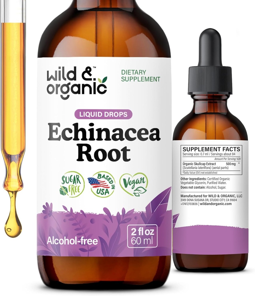 Wild & Organic Echinacea Tincture - Immununterstützung Tropfen mit flüssigem Echinacea Root Extract - Angustifolia Ergänzungen - Vegan, Zucker & Alkoholfrei - 2 fl oz