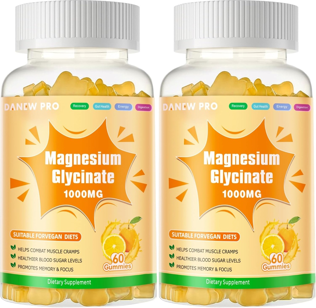 Magnesium Glycinate Gummies 1000mg - Zuckerfreie Magnesium Kaliumergänzung mit Vitamin D, B6, CoQ10 für ruhige Stimmung & Schlafunterstützung - 120 Orange Gummies