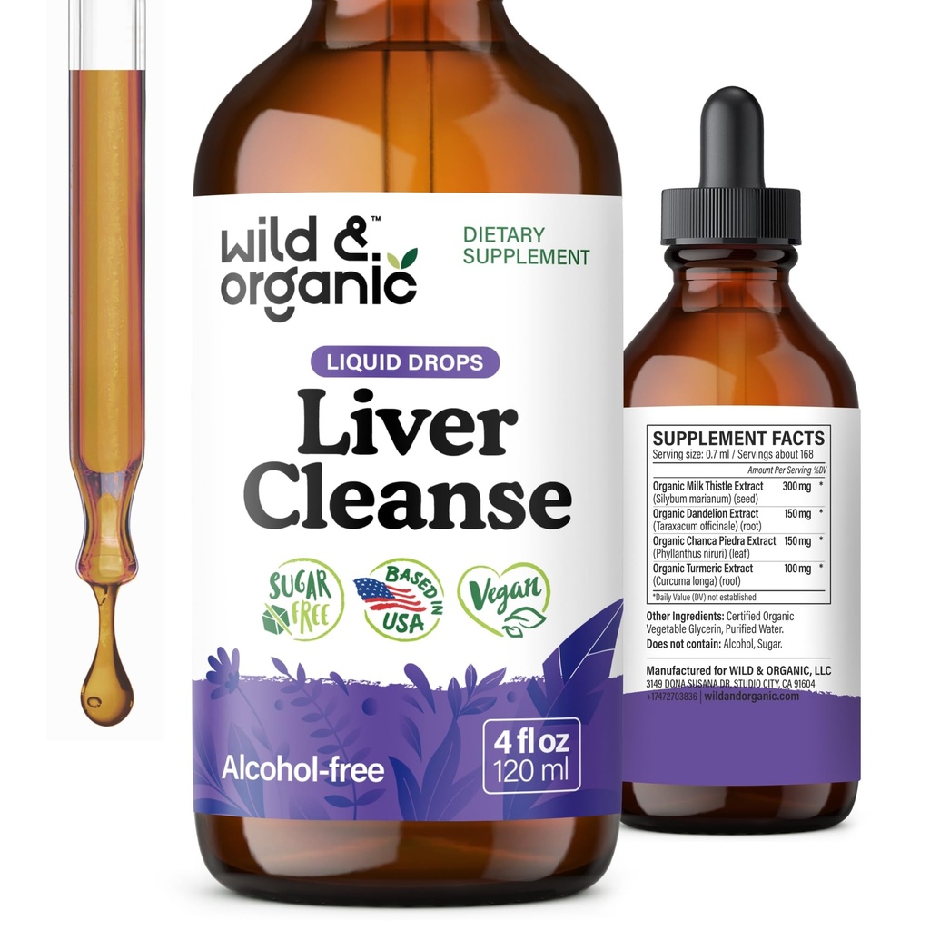 Wild & Organic Liver Cleanse Detox Tincture - Milk Thistle, Dandelion Root Herbal Complex - Liquid Liver Support Supplement - Vegan, Zucker & Alkoholfreie Milchdistel Tropfen - 4 fl oz