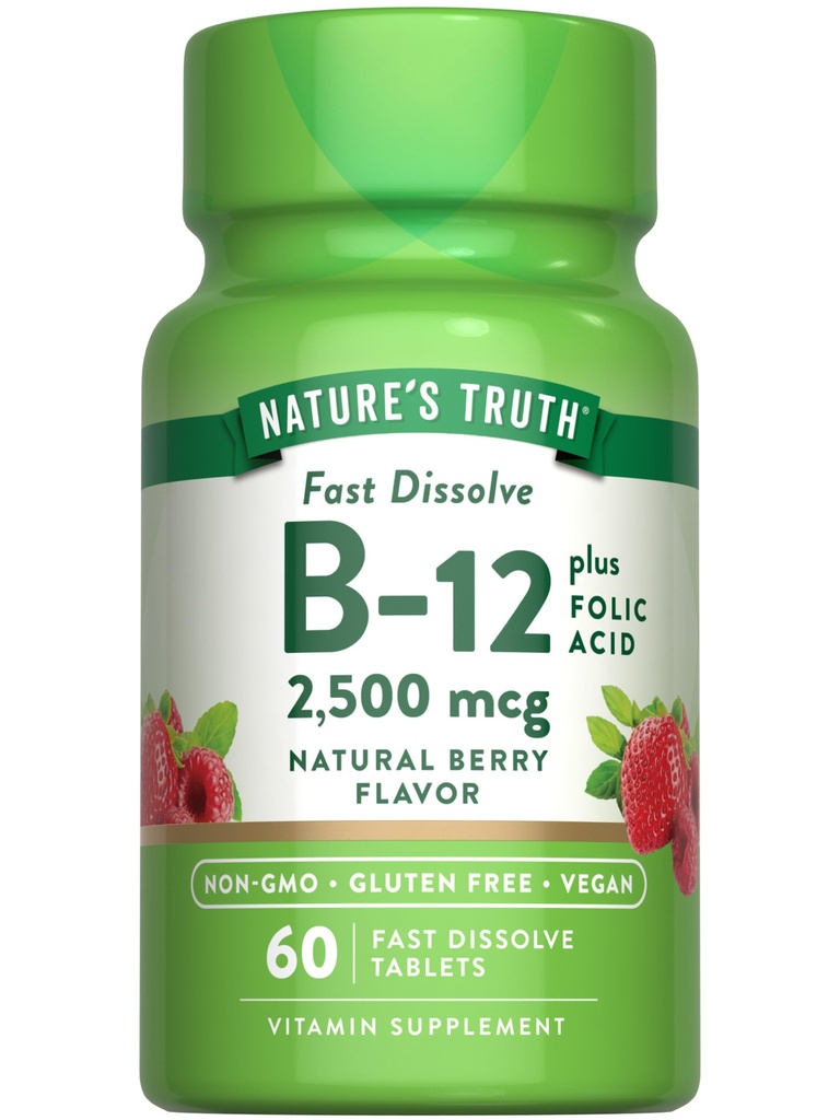 Nature's Truth B12 Vitamin | 60 Fast Dissolve Tabletten | 2500 mcg | mit Folsäure | Vegan, Non-GMO & Gluten Kostenlos