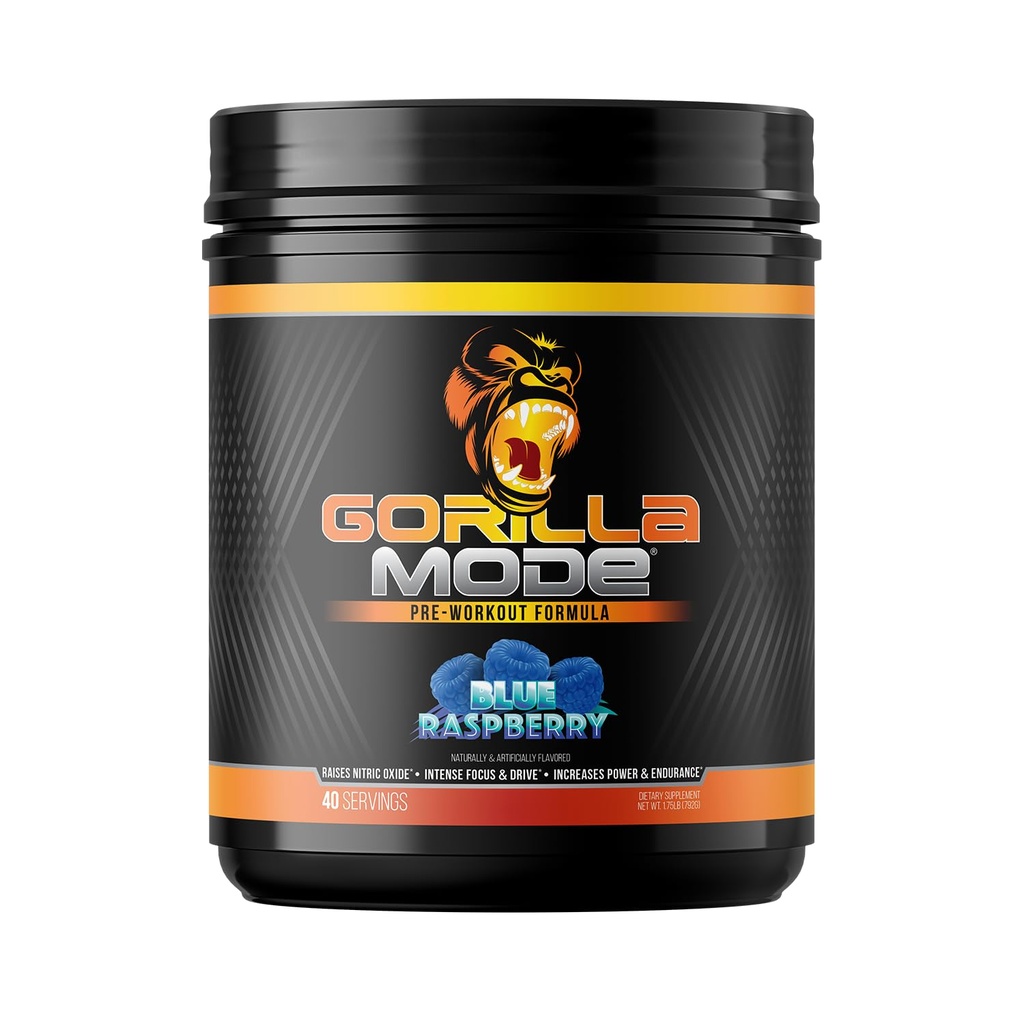 Gorilla Mode Pre Workout - Massive Pumps Laser Focus Energy Power - L-Citrulline, Creatine, L-Tyrosine, Betaine, Hydroprime, Alpha-GPC, 400mg Caffeine, Huperzine A - 792g (Blue Raspberry)